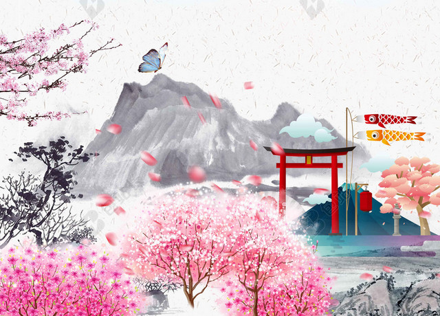 山门鸟儿粉色中国风手绘樱花节旅游宣传2019海报背景