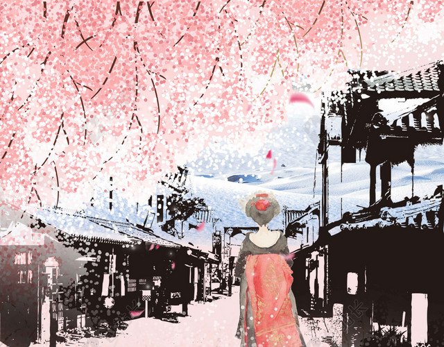 女人房子粉色樱花中国风樱花节旅游宣传2019海报背景