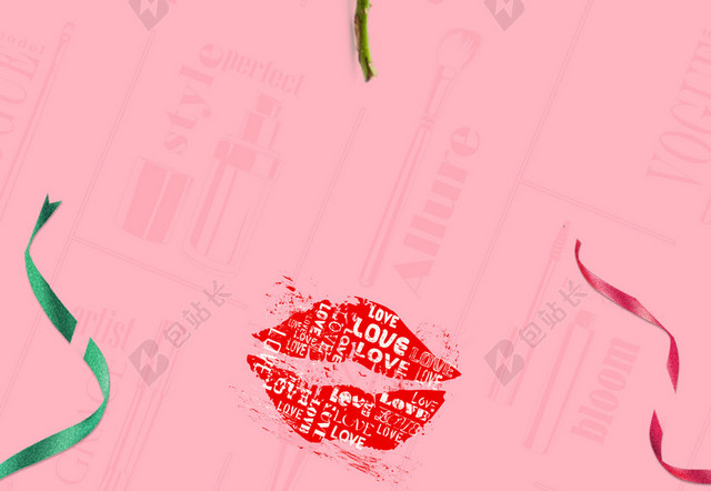 鲜花红唇底纹38妇女节女神节节日促销后粉色海报背景
