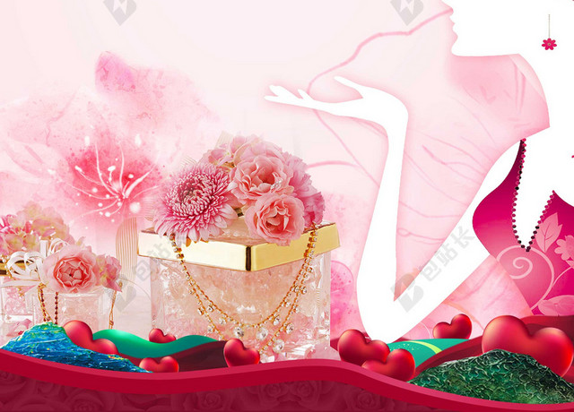 宝石礼盒剪影美女38妇女节女神节节日促销后粉色海报背景