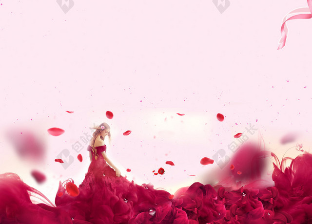 中国风梅花红礼服美人38妇女节女神节节日促销后粉色海报背景