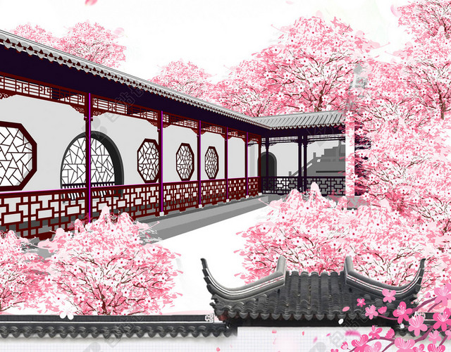 古典走廊樱花林樱花节旅游宣传灰色海报背景