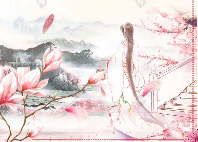 古典美女水墨画樱花节旅游宣传粉色海报背景