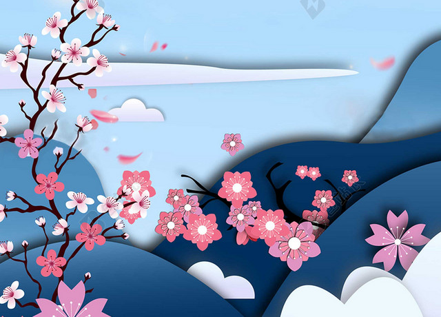 剪纸樱花大山樱花节宣传蓝色海报背景