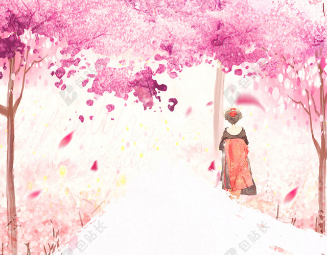 彩绘和服美女樱花路樱花节旅游宣传粉色海报背景