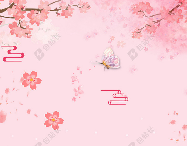 蝴蝶樱花撑伞美女樱花节旅游宣传粉色海报背景
