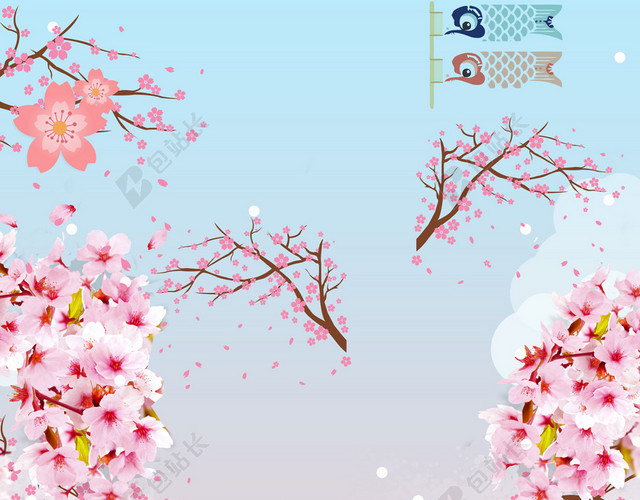 卡通和服女孩樱花节宣传蓝色海报背景