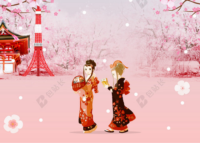 卡通和服女孩樱花节宣传蓝色海报背景