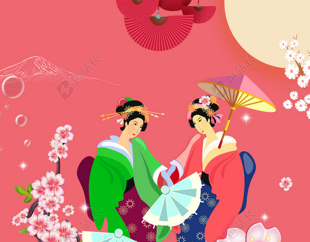 彩绘和服仕女樱花节旅游宣传红色海报背景