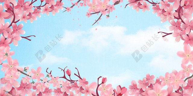 樱花围绕蓝天白云樱花节旅游宣传蓝色海报背景