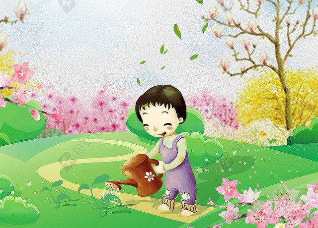 手绘卡通小孩种树桃花插画312植树节公益环保海报背景素材