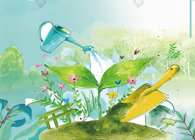手绘小清新插画312植树节公益绿色环保海报背景素材