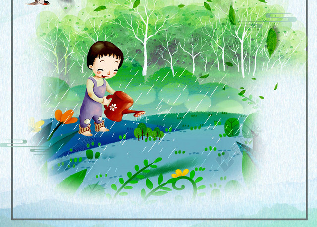 手绘卡通小孩浇水插画312植树节公益环保海报背景素材