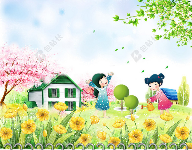 可爱卡通小孩花园插画312植树节公益海报背景素材