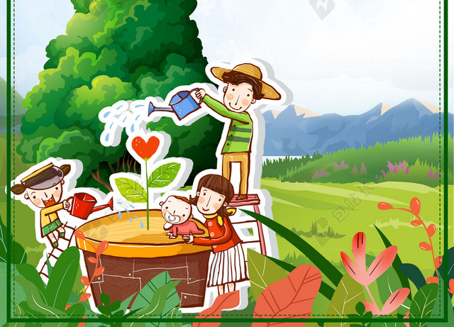 手绘卡通一家人种树312植树节公益环保海报背景素材