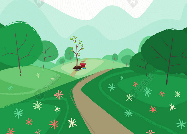 手绘清新绿色植树节春天春游背景