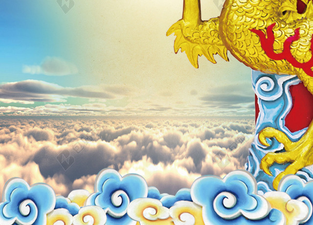 盘龙柱金龙雕塑龙抬头二月二传统节日青色海报背景