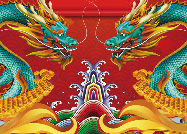 双龙戏水龙抬头二月二传统节日红色海报背景