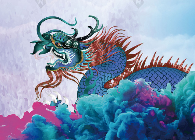 云中龙厚重云朵龙抬头二月二传统节日蓝色海报背景