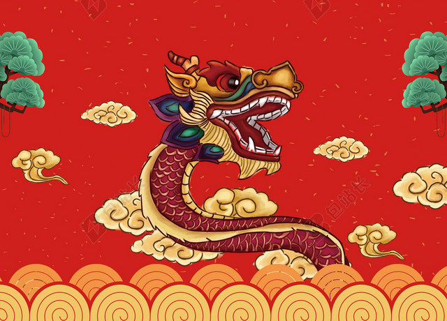 彩绘红龙金色祥云龙抬头二月二传统节日红色海报背景