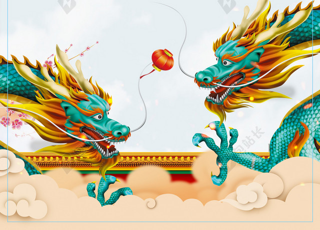 双龙嬉戏龙抬头二月二传统节日白色海报背景