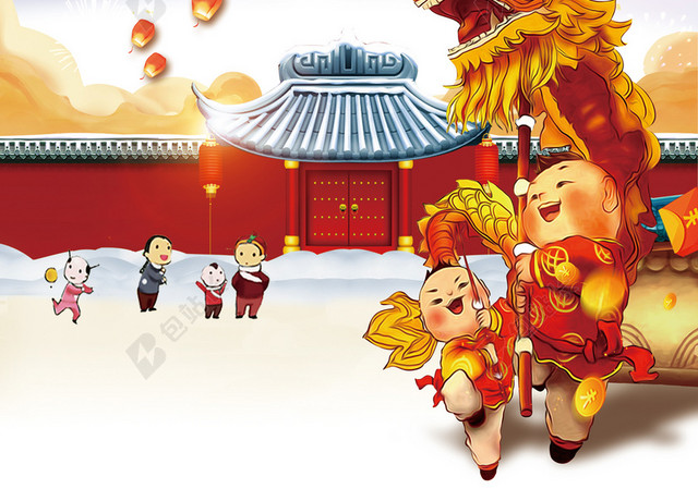 娃娃舞龙手绘龙抬头二月二传统节日白色海报背景