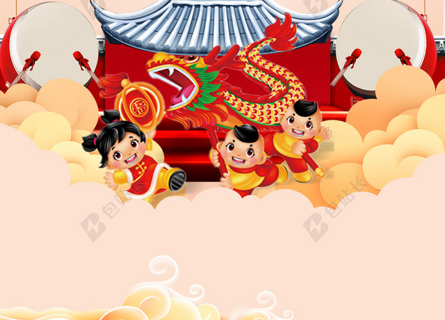 福娃舞龙水墨龙抬头二月二传统节日黄色海报背景 包站长