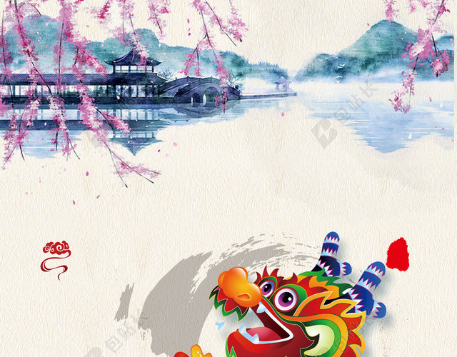 龙娃娃舞龙水墨园林龙抬头二月二传统节日白色海报背景
