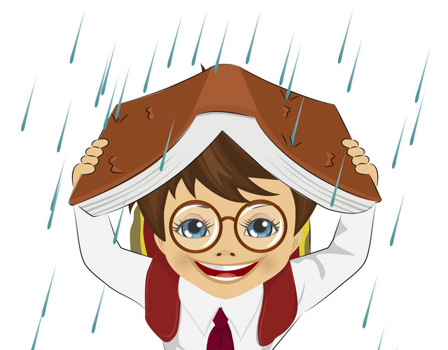卡通人物手持书本躲雨素材