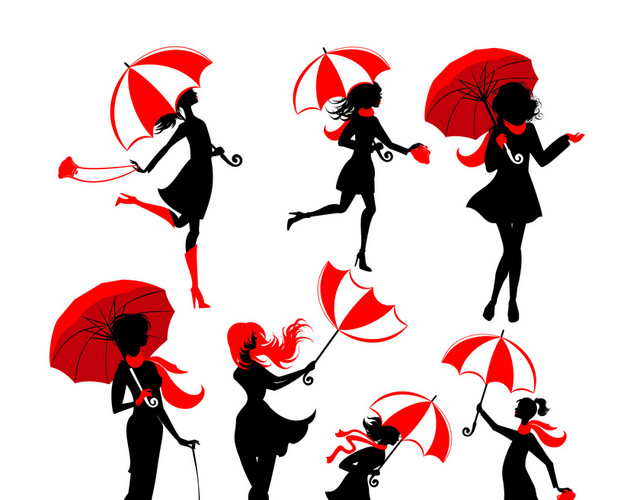 手绘少女手持雨伞矢量素材