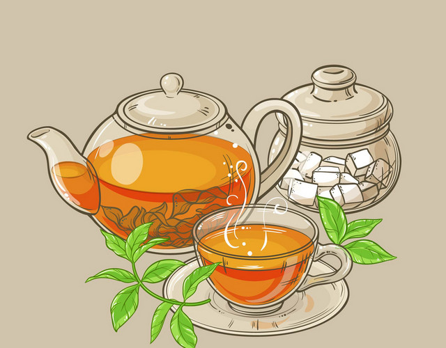 茶杯茶具卡通手绘茶壶茶水设计素材