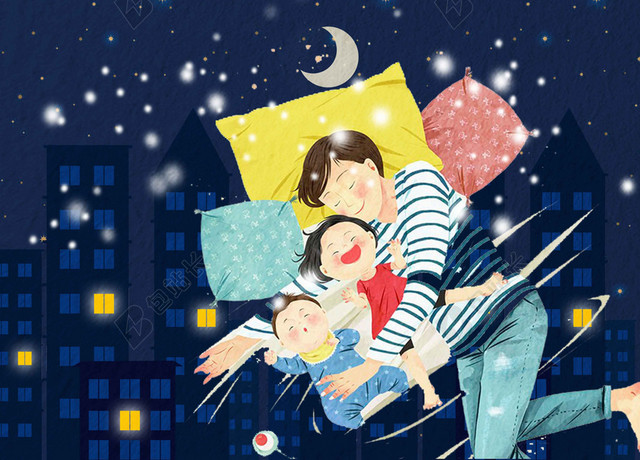 亲子们月亮床卡通321世界睡眠日健康宣传夜晚海报