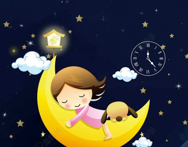 小狗女孩月亮床卡通321世界睡眠日健康宣传夜晚海报