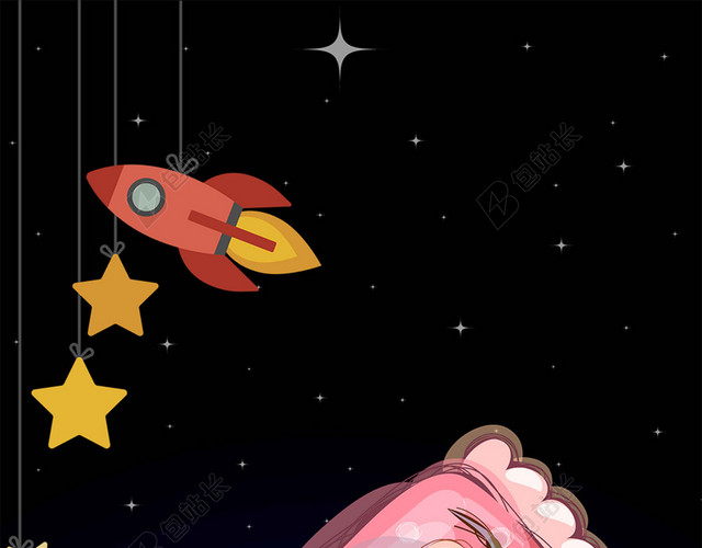 女孩星星火箭卡通321世界睡眠日健康宣传夜晚海报背景
