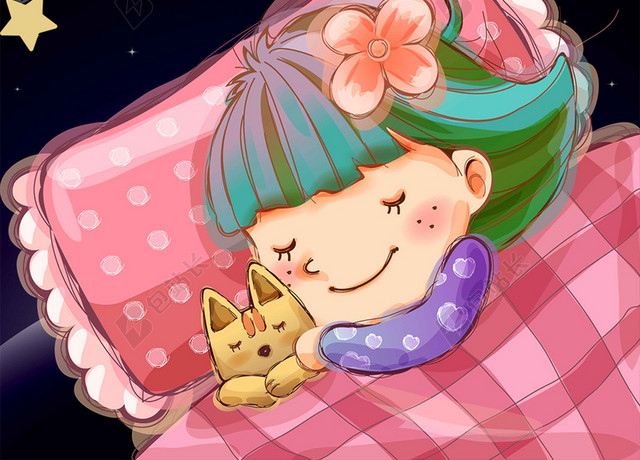 女孩星星火箭卡通321世界睡眠日健康宣传夜晚海报背景