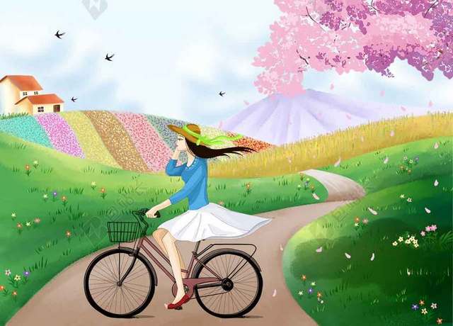 桃花春天春游踏青自行车女孩蓝天绿田卡通海报背景