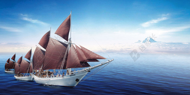 帆船船队中国航海日宣传蓝色海报背景