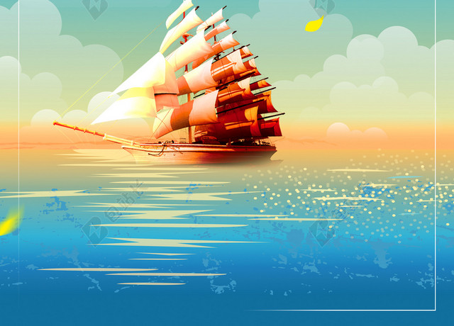 卡通金色帆船中国航海日宣传蓝色海报背景
