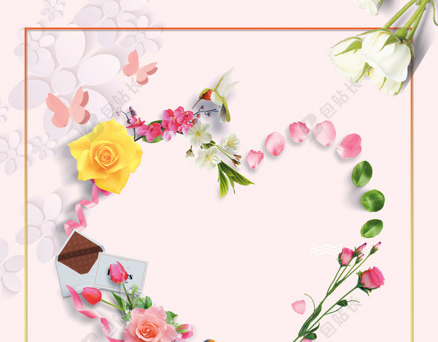 鲜花爱心心形花朵促销宣传海报红色背景