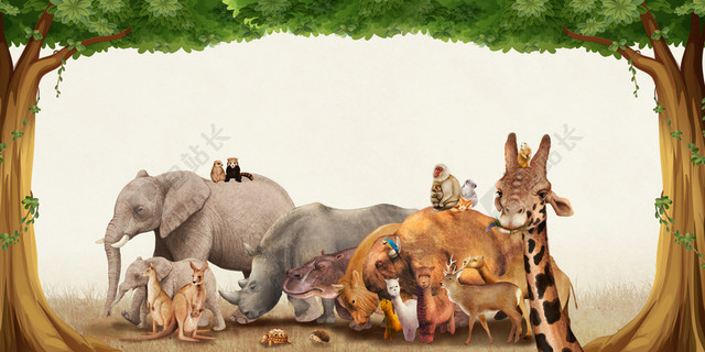 森林绿色森林动物世界动物园海报保护动物海报背景展板
