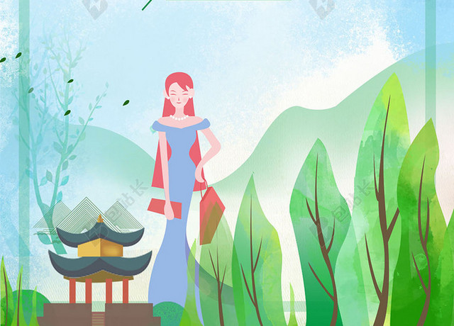 小清新手绘少女清新绿色插画4月5日清明节春天扫墓插柳中国传统节日