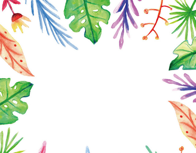 夏天春天手绘彩色花草树叶边框免扣素材