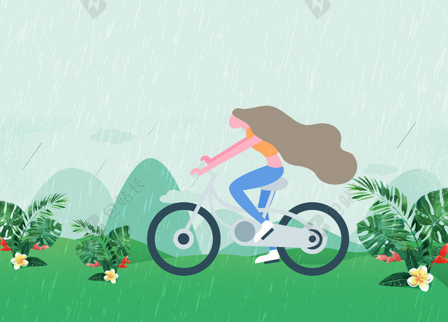 谷雨手绘骑单车的女孩传统节日二十四节气绿色背景海报