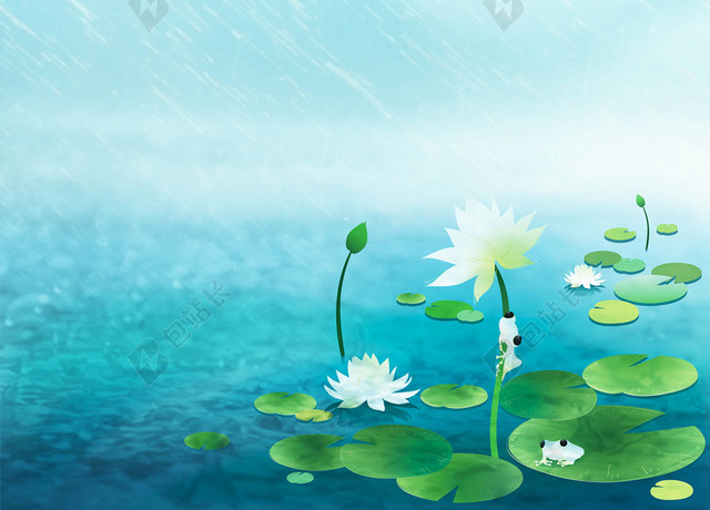 谷雨传统节日二十四节气雨中的白荷花蓝色背景海报