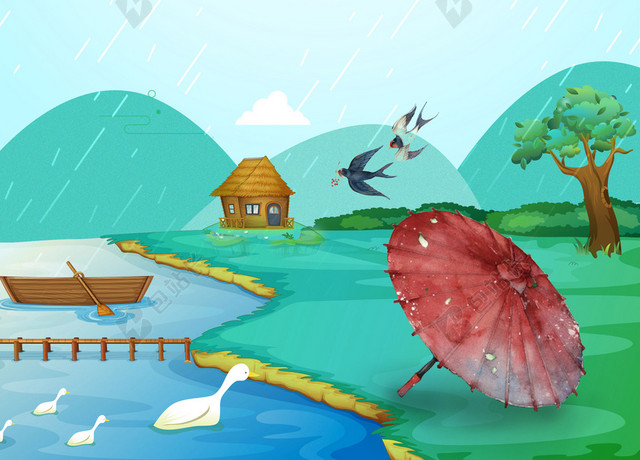 谷雨彩绘雨伞红色传统节日二十四节气绿色背景海报