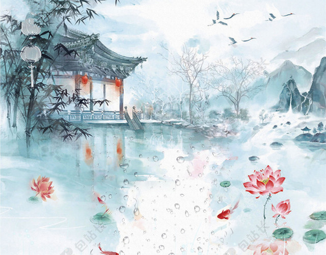 诗意谷雨风景画传统节日二十四节气白色背景海报