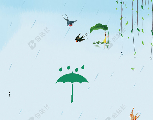 谷雨传统节日手绘可爱女孩二十四节气蓝色背景海报