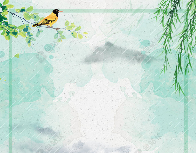 水彩画谷雨传统节日二十四节气两只蝴蝶绿色背景海报
