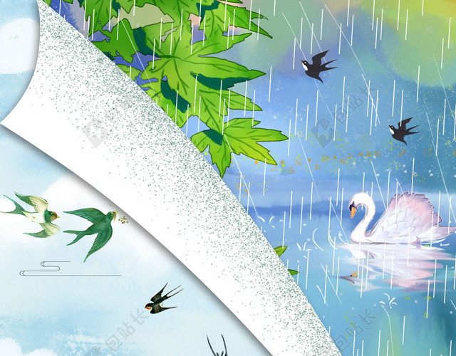 手绘可爱女孩谷雨传统节日二十四节气蓝色背景海报
