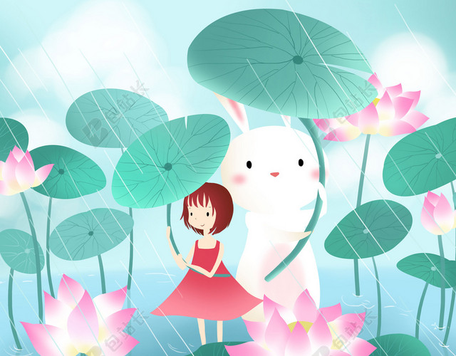 手绘可爱女孩谷雨传统节日二十四节气荷花绿色背景海报